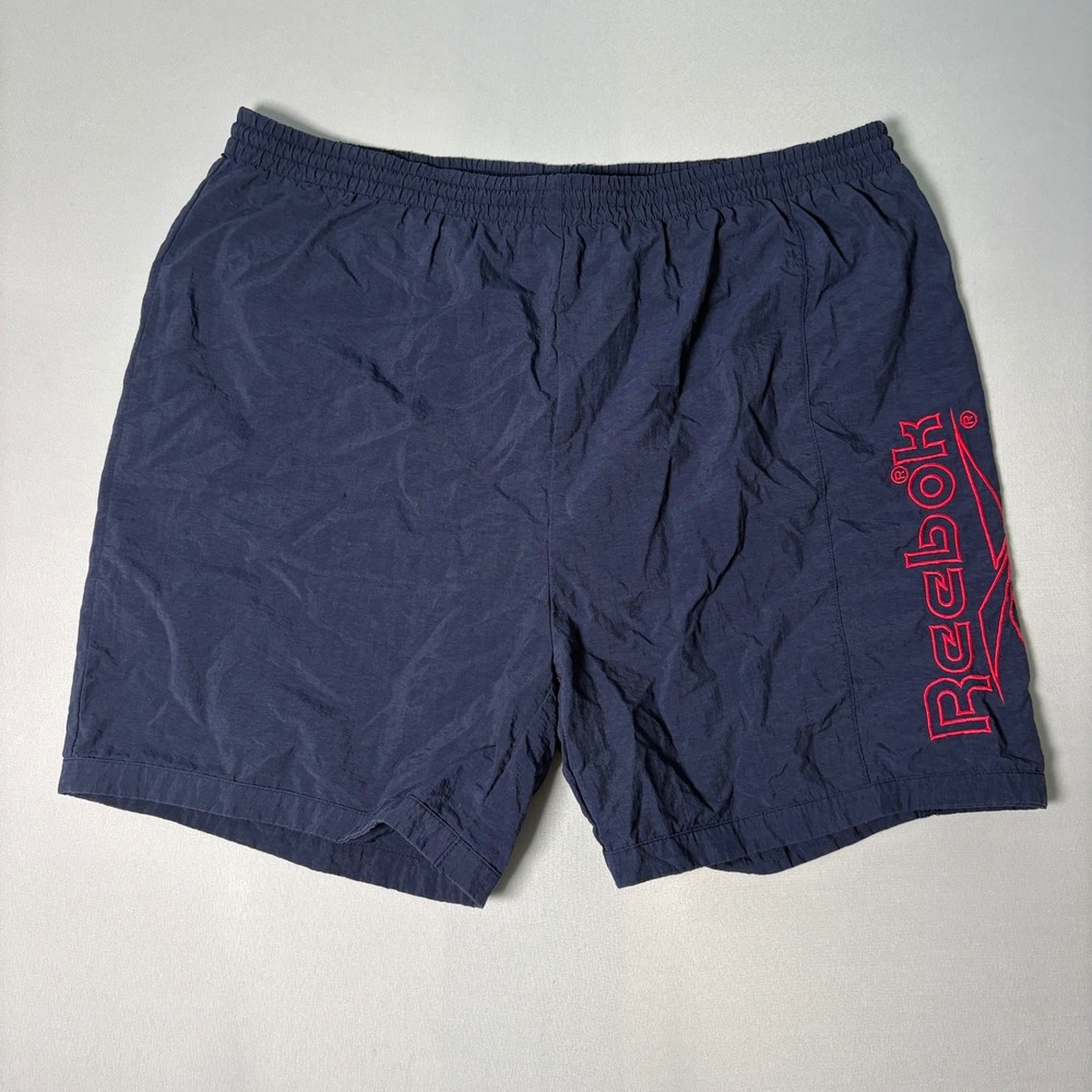 Vintage Reebok Mens Navy Blue Nylon Mesh Lined Athletic Gym Shorts Large Logo